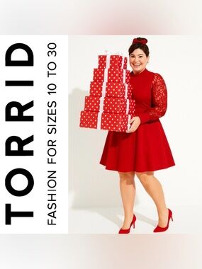 Torrid Red At The Knee Jersey Lace Sleeved Mock Neck Skater Dress, NWT!